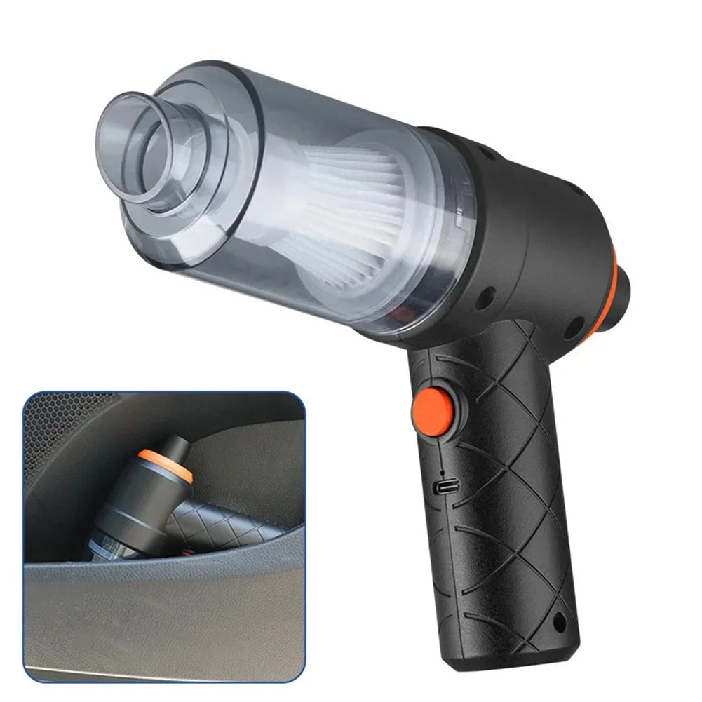Black cordless car vacuum cleaner with nozzle attachments and charging cable on a clean background — view 4