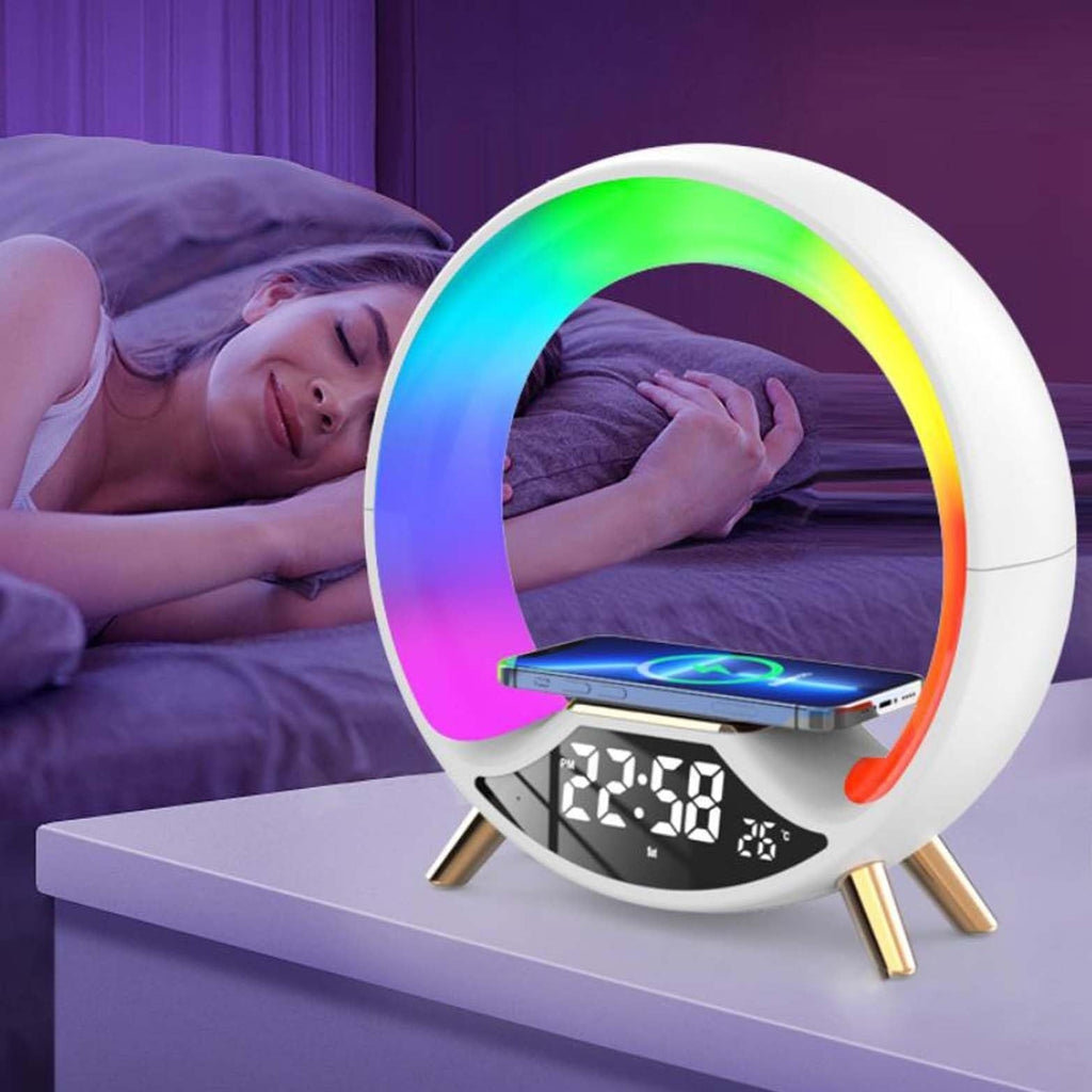Wireless charger lamp with digital clock display built in bluetooth speaker and colorful ambient lighting