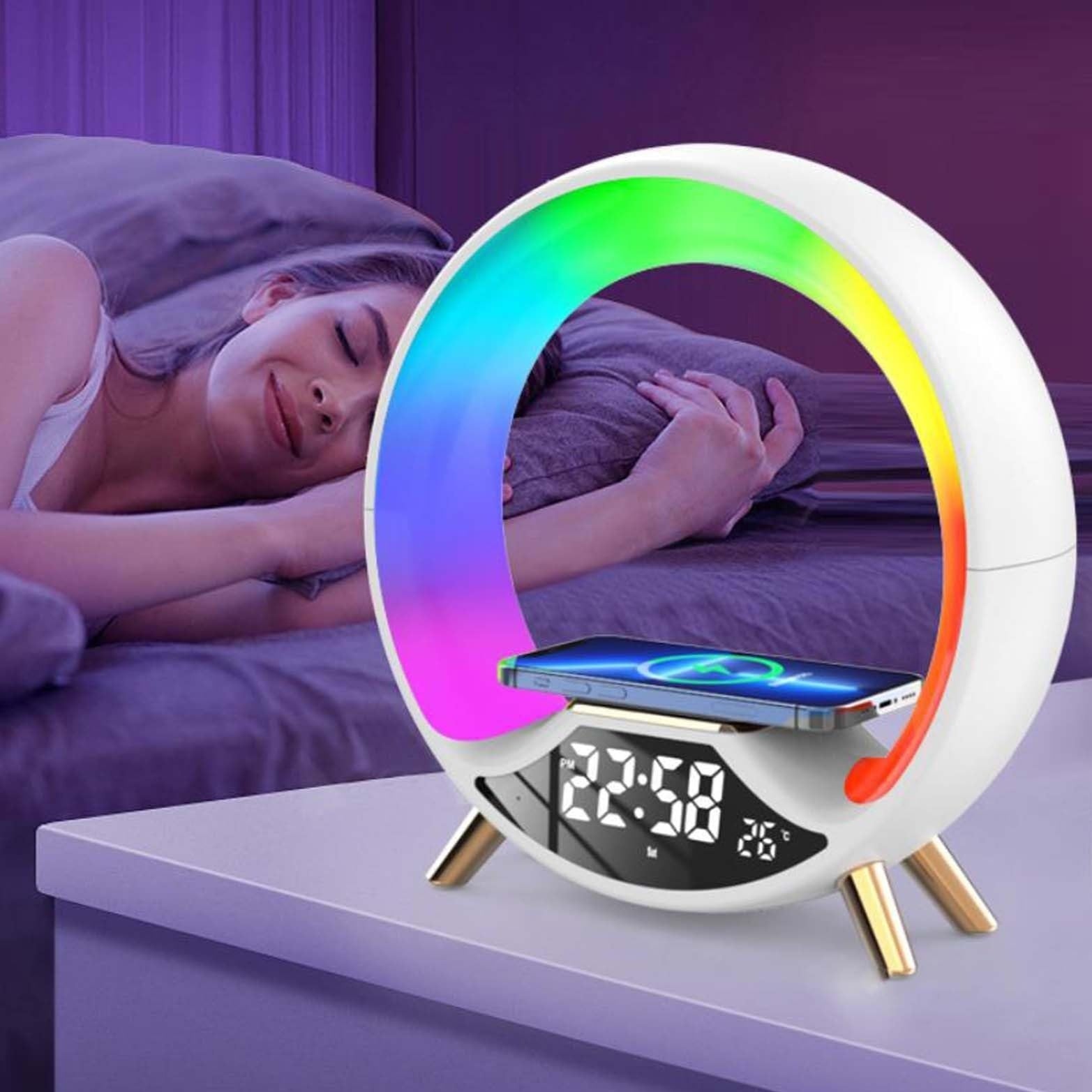 Wireless charger lamp with digital clock display built in bluetooth speaker and colorful ambient lighting