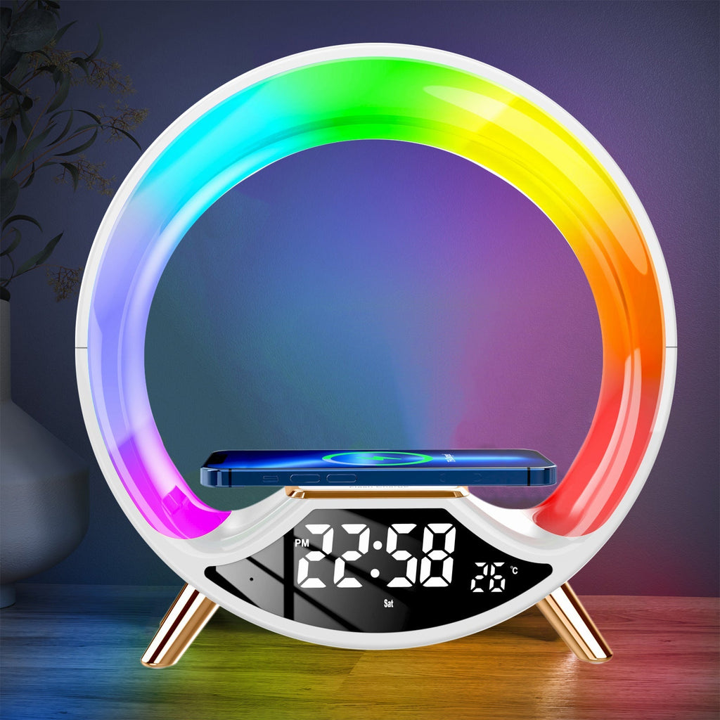 Wireless charger lamp with digital clock display built in bluetooth speaker and colorful ambient lighting — view 2