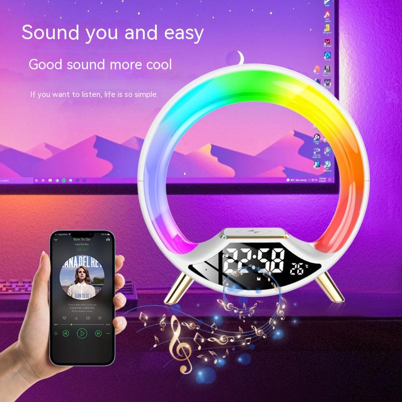 Wireless charger lamp with digital clock display built in bluetooth speaker and colorful ambient lighting — view 5