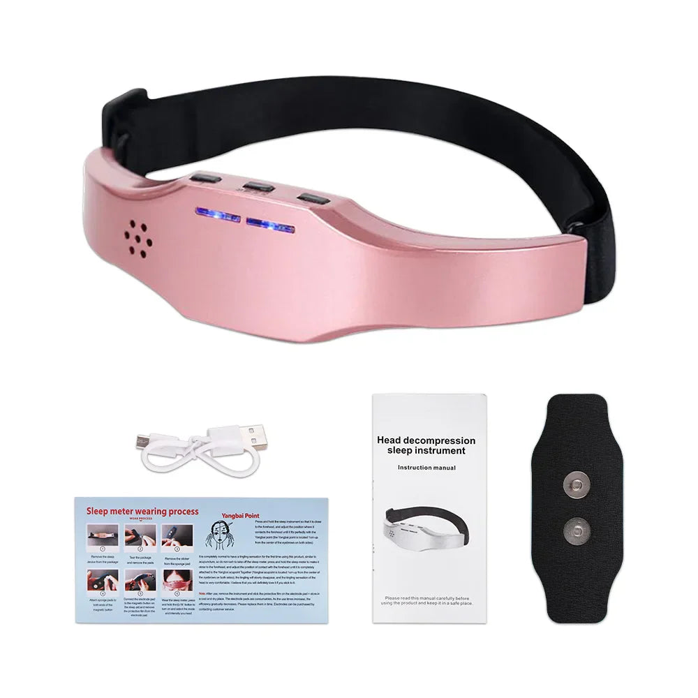 Pink wireless sleep aid head massager with adjustable elastic headband for migraine relief