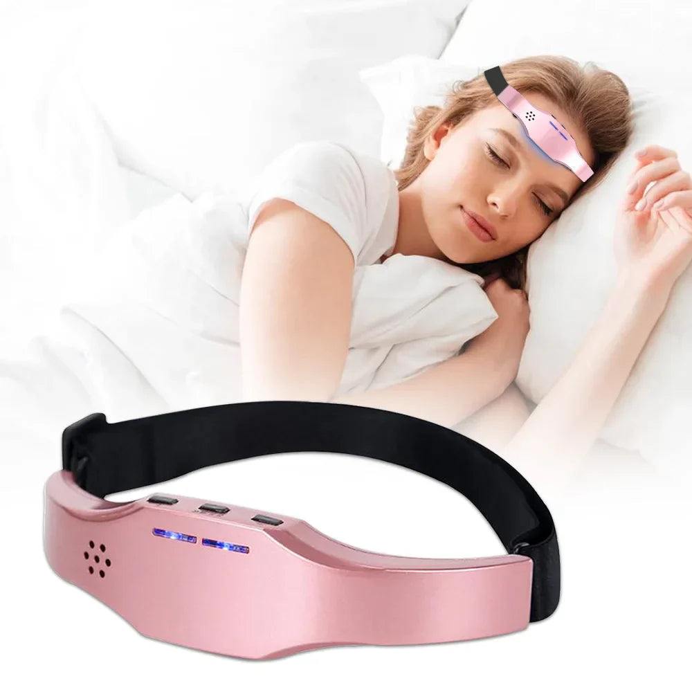 Pink wireless sleep aid head massager with adjustable elastic headband for migraine relief — view 2