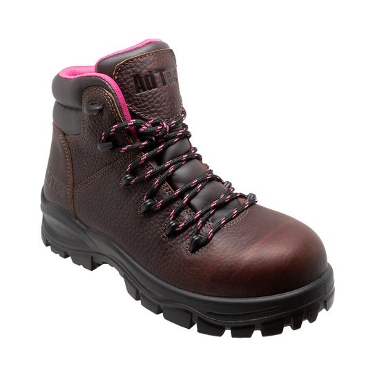 Women's brown full-grain leather 6-inch waterproof soft toe work boot with oil-resistant rubber outsole