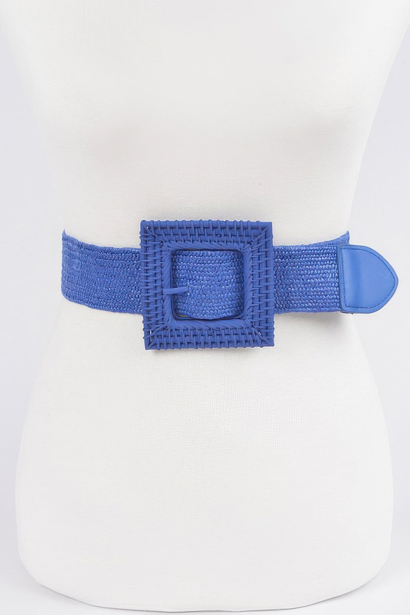 Women's wide elastic stretch belt with a large square woven straw statement buckle — view 2