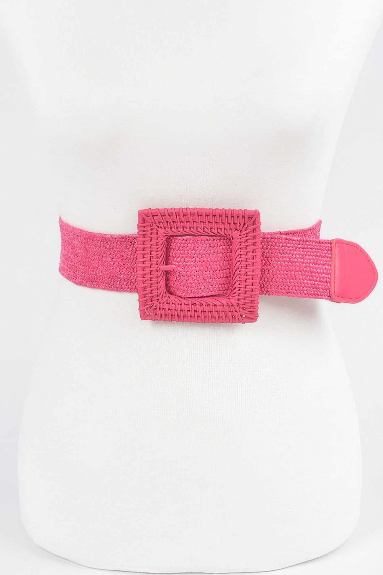 Women's wide elastic stretch belt with a large square woven straw statement buckle — view 3