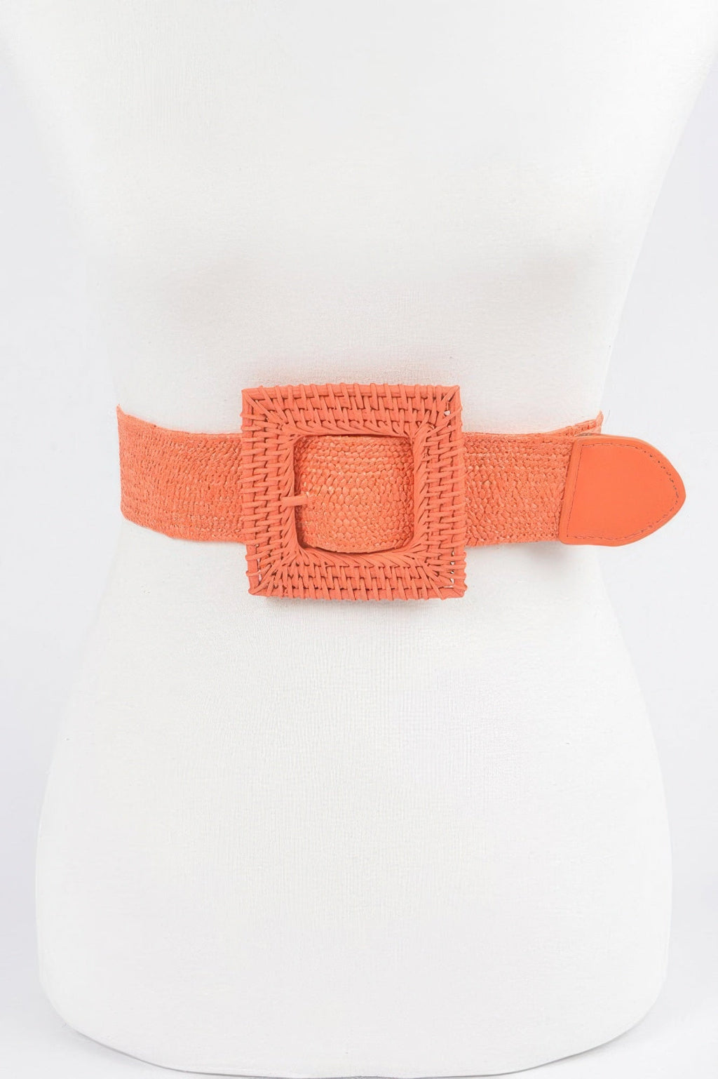 Women's wide elastic stretch belt with a large square woven straw statement buckle — view 4