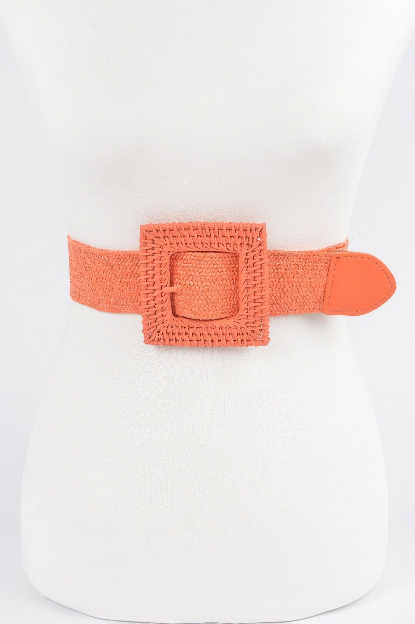 Women's wide elastic stretch belt with a large square woven straw statement buckle — view 4