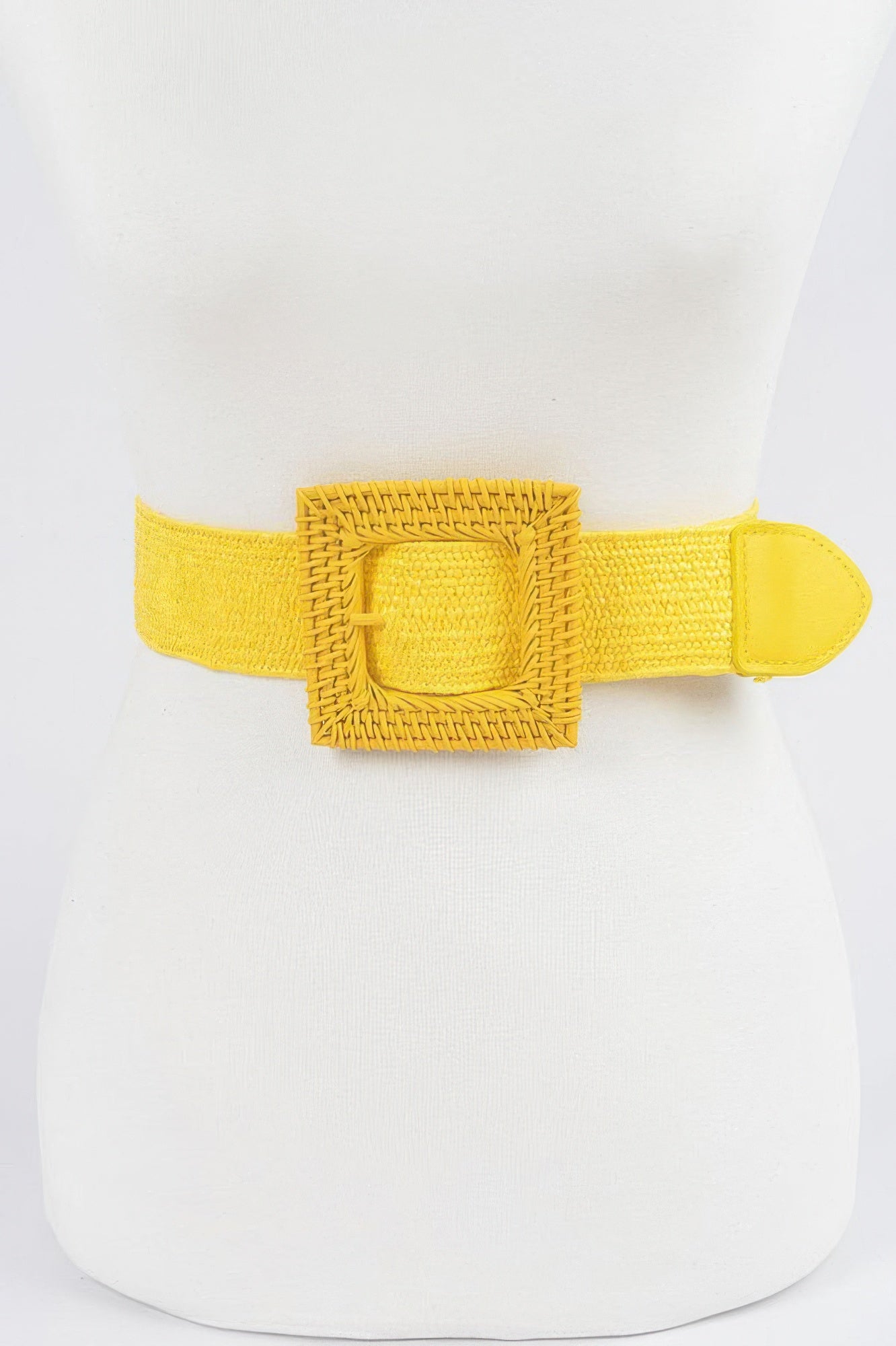 Women's wide elastic stretch belt with a large square woven straw statement buckle — view 5