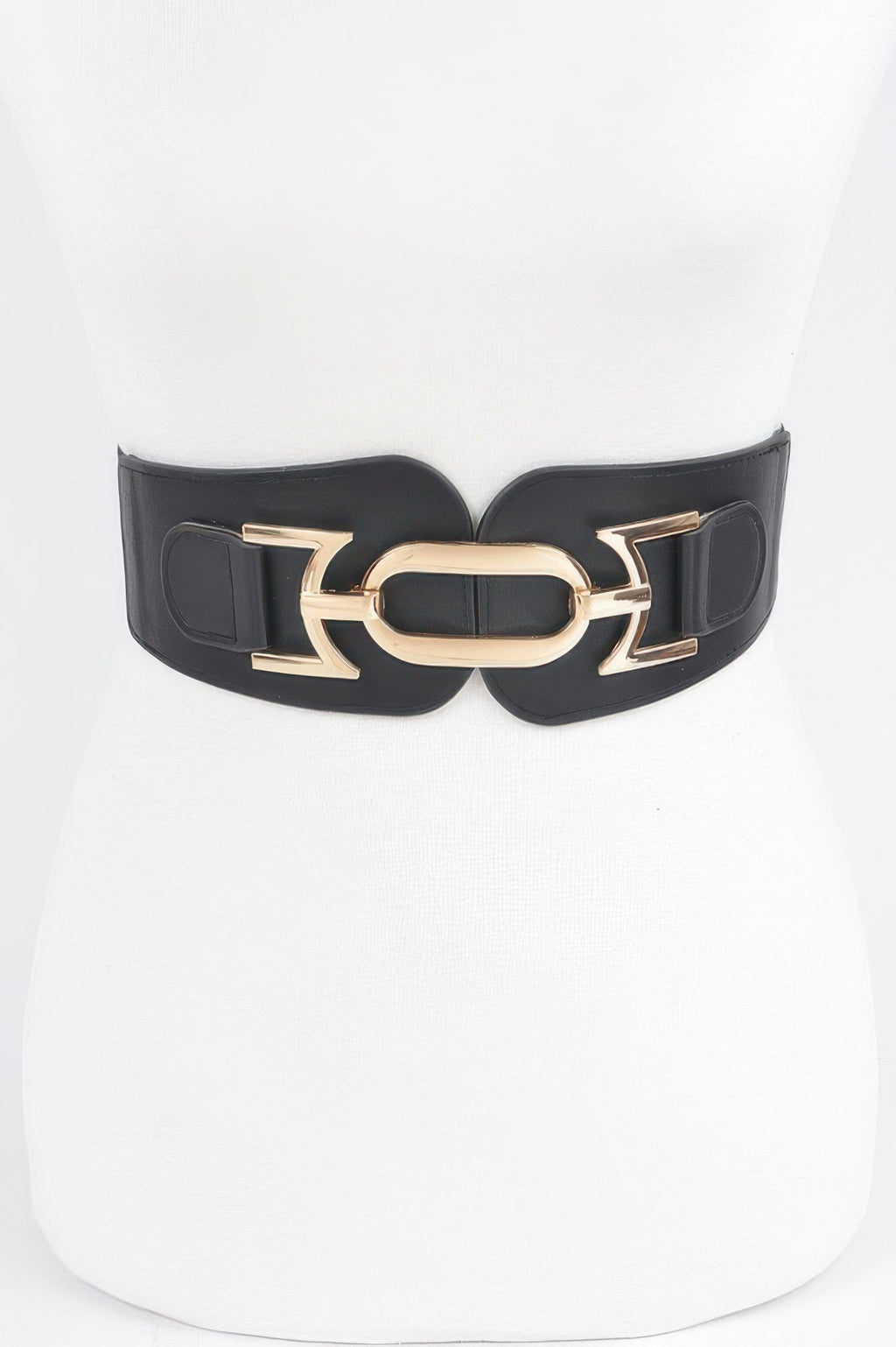Women's wide elastic statement belt with a bold metallic buckle and faux leather detailing — view 2