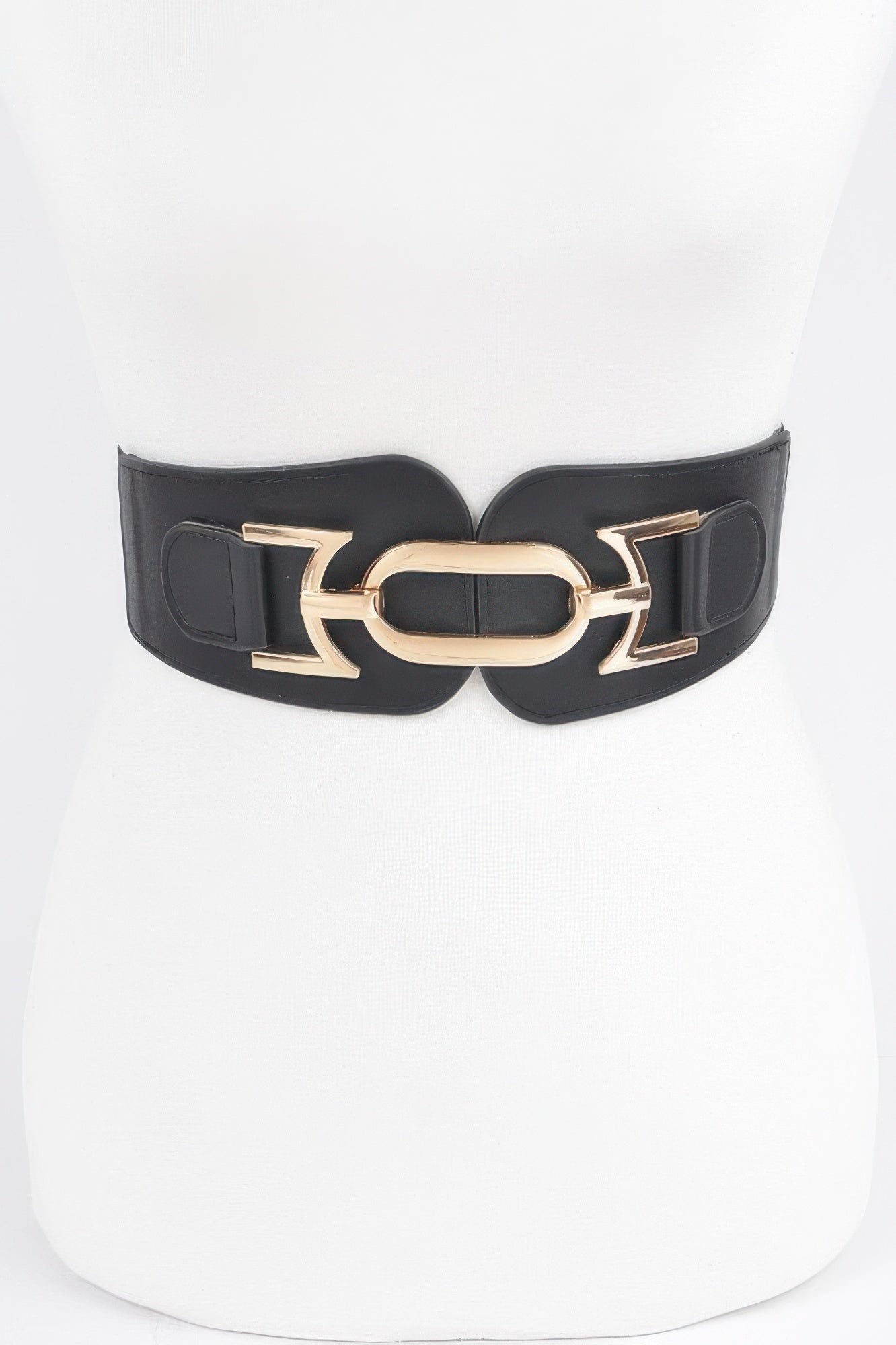 Women's wide elastic statement belt with a bold metallic buckle and faux leather detailing — view 2