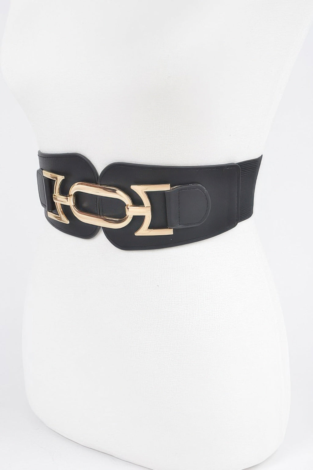 Women's wide elastic statement belt with a bold metallic buckle and faux leather detailing — view 3