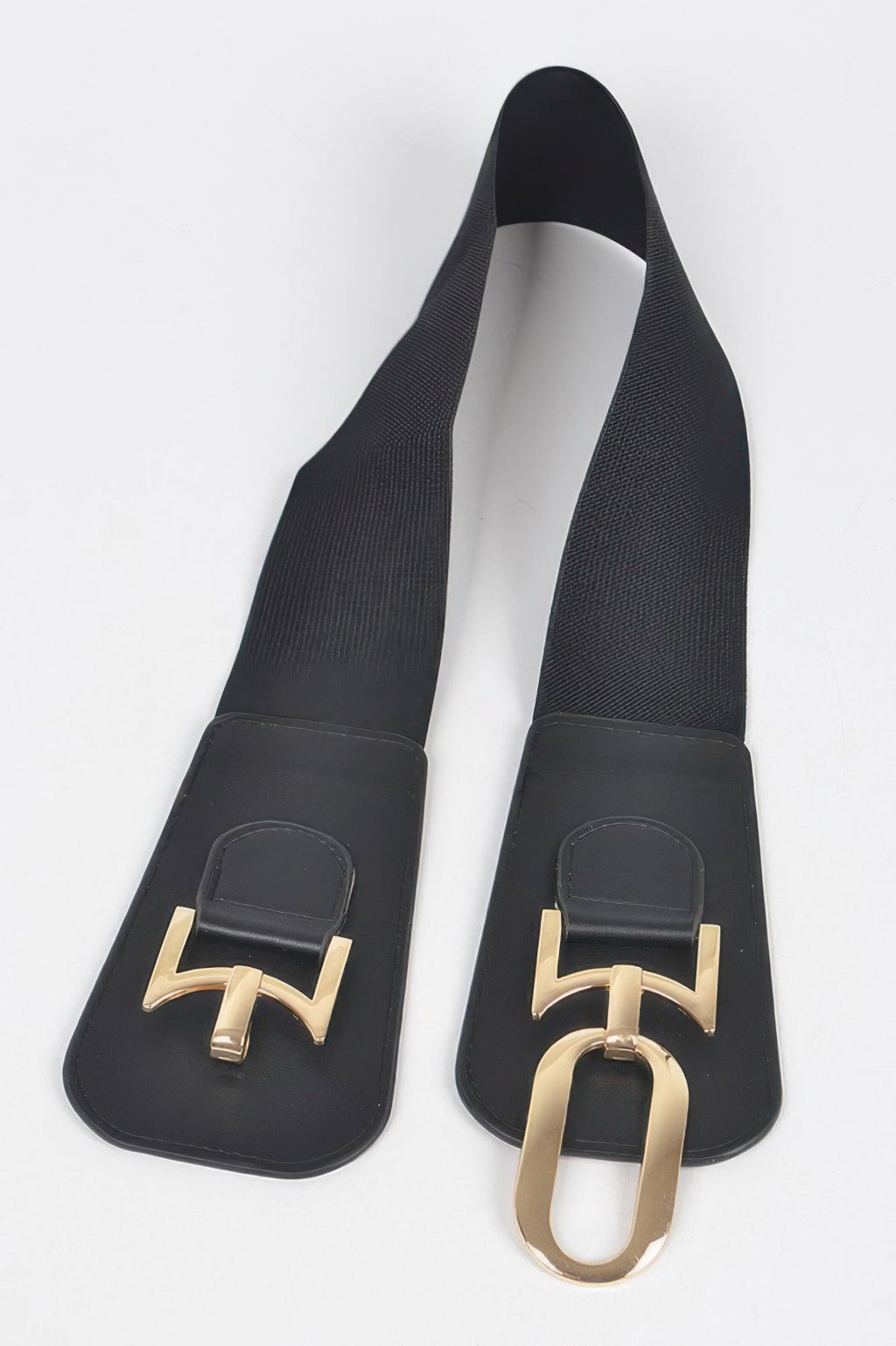 Women's wide elastic statement belt with a bold metallic buckle and faux leather detailing — view 5