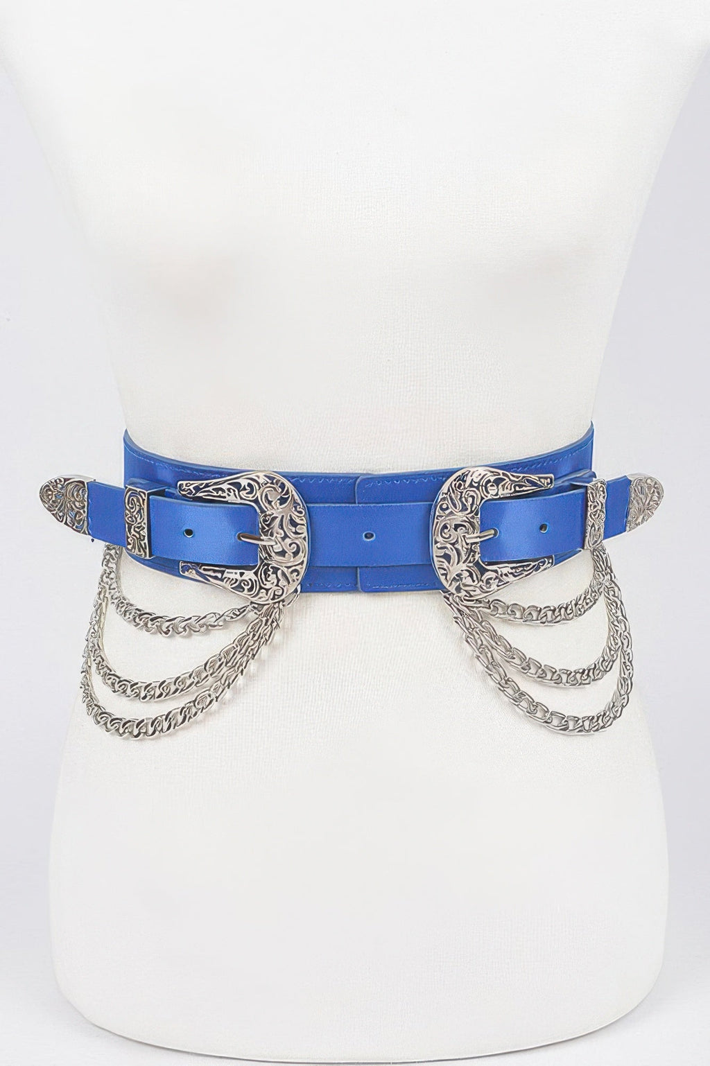 Women's vanguard stretch belt with metal chain details, bold buckle, and vegan leather base. — view 2