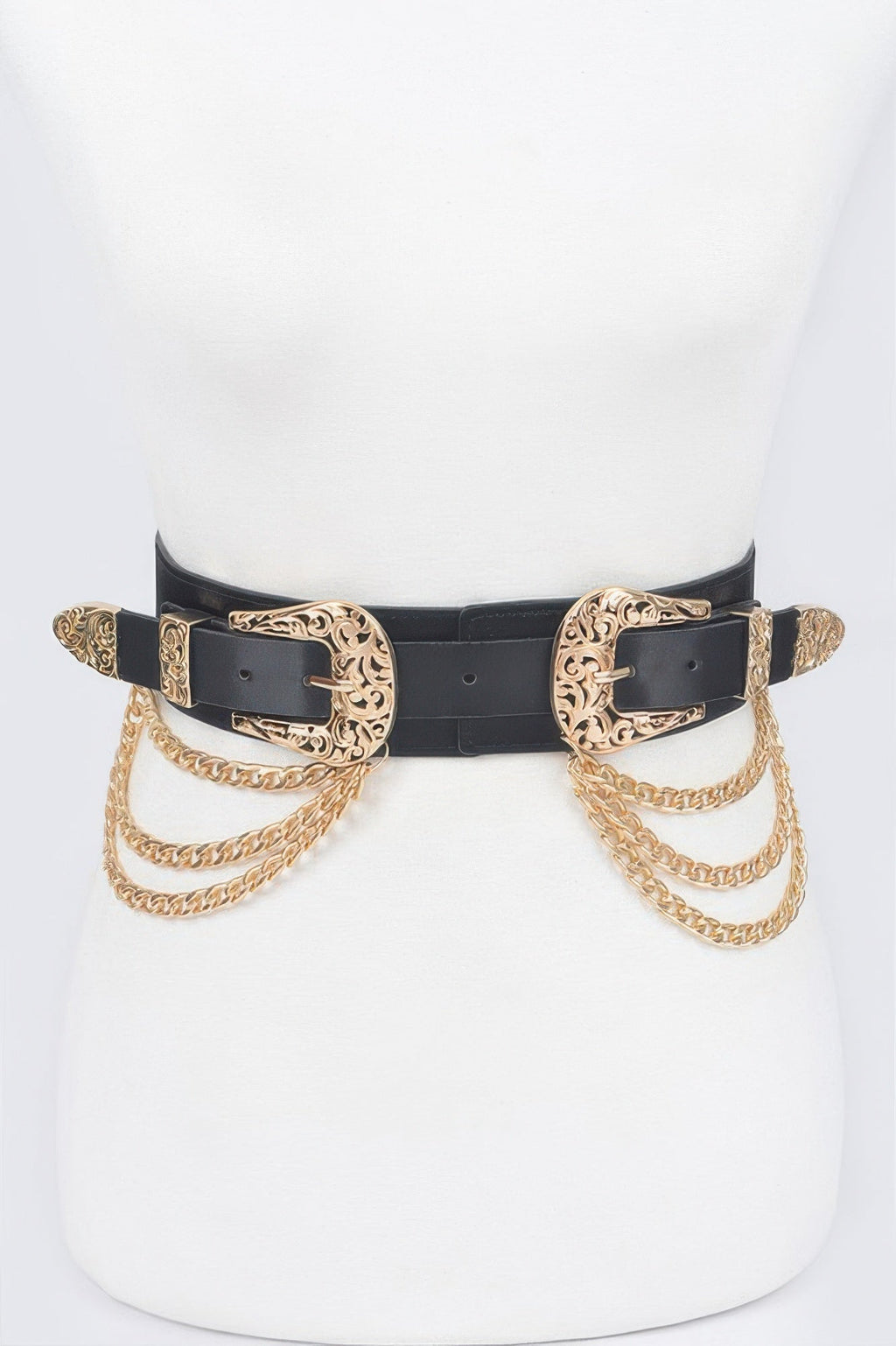 Women's vanguard stretch belt with metal chain details, bold buckle, and vegan leather base. — view 3