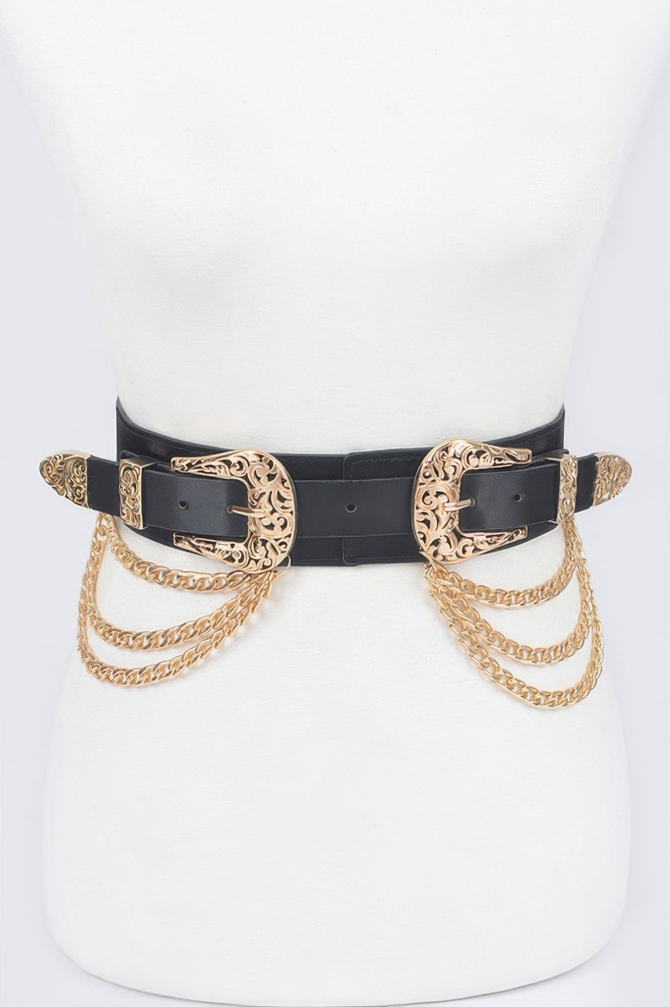 Women's vanguard stretch belt with metal chain details, bold buckle, and vegan leather base. — view 3