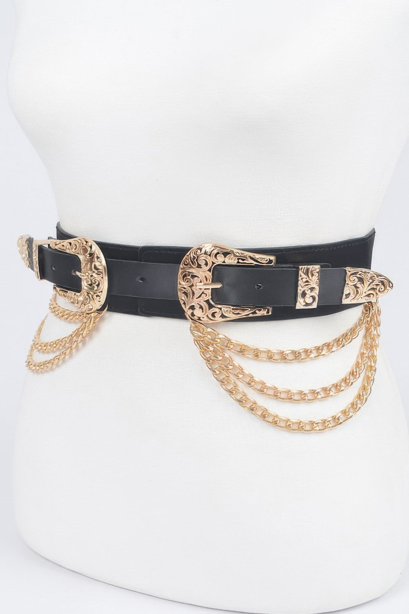 Women's vanguard stretch belt with metal chain details, bold buckle, and vegan leather base. — view 4