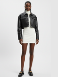 Wall Street women's black double-breasted blazer with contrast peak lapels and engraved gold buttons