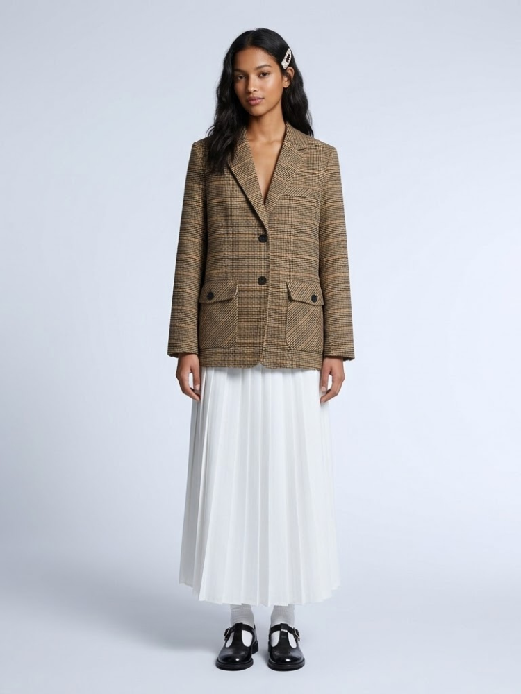 Oversized womens houndstooth plaid blazer in earthy tones with broad notched lapels and flap pockets