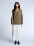 Oversized womens houndstooth plaid blazer in earthy tones with broad notched lapels and flap pockets