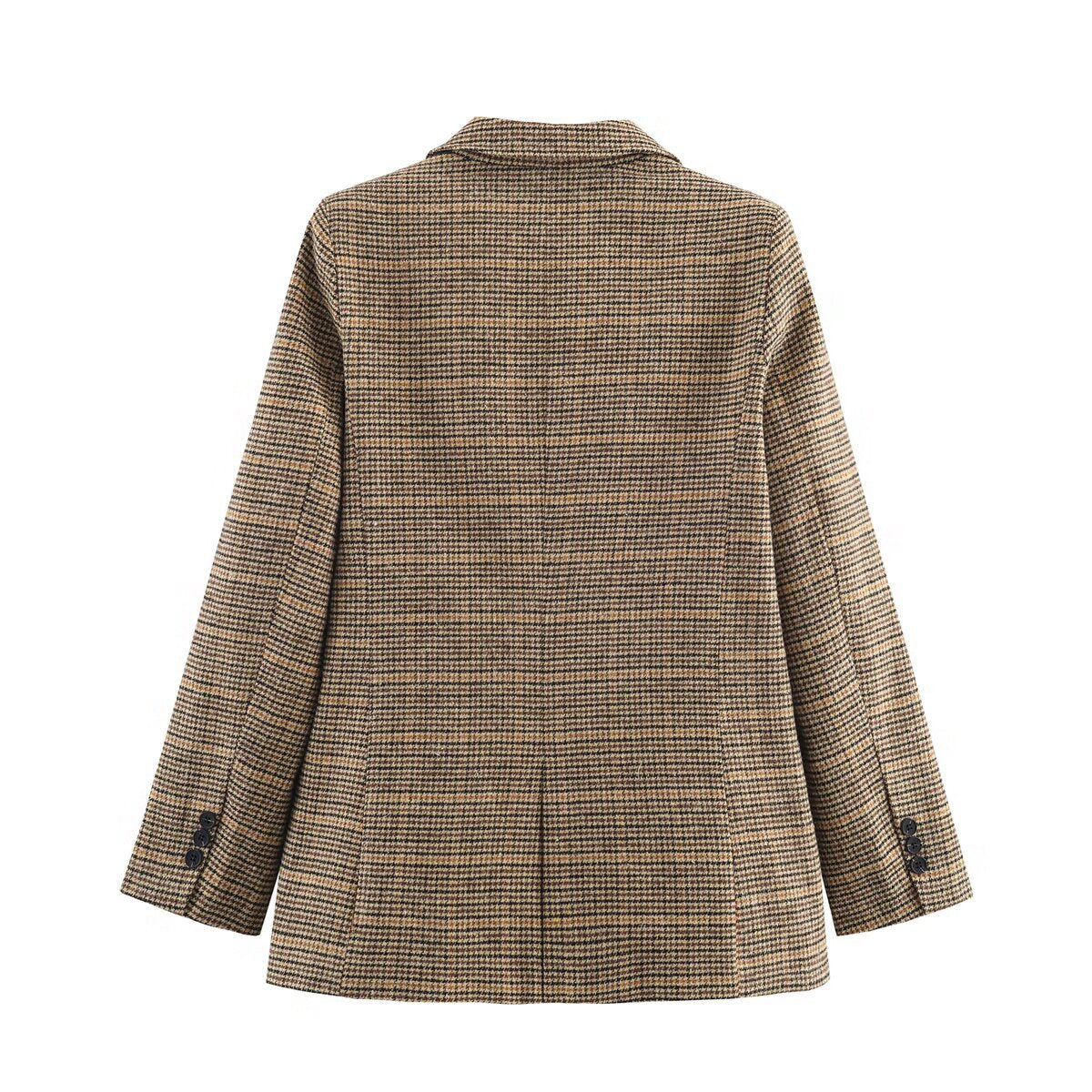 Oversized womens houndstooth plaid blazer in earthy tones with broad notched lapels and flap pockets — view 2