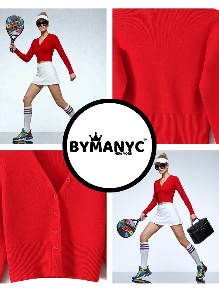 Scarlet red cropped women's cardigan with V-neckline, ribbed waistband, and tonal button detailing. — view 2