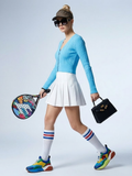 Sky blue ribbed knit cropped women's cardigan with V-neckline and elegant button detailing