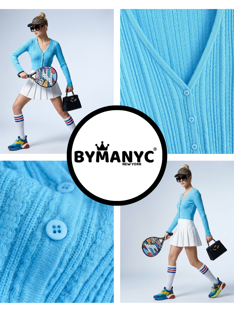 Sky blue ribbed knit cropped women's cardigan with V-neckline and elegant button detailing — view 3