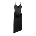 Women's avant-garde Broadway midi dress with draped satin top and asymmetric velvet fringe skirt.
