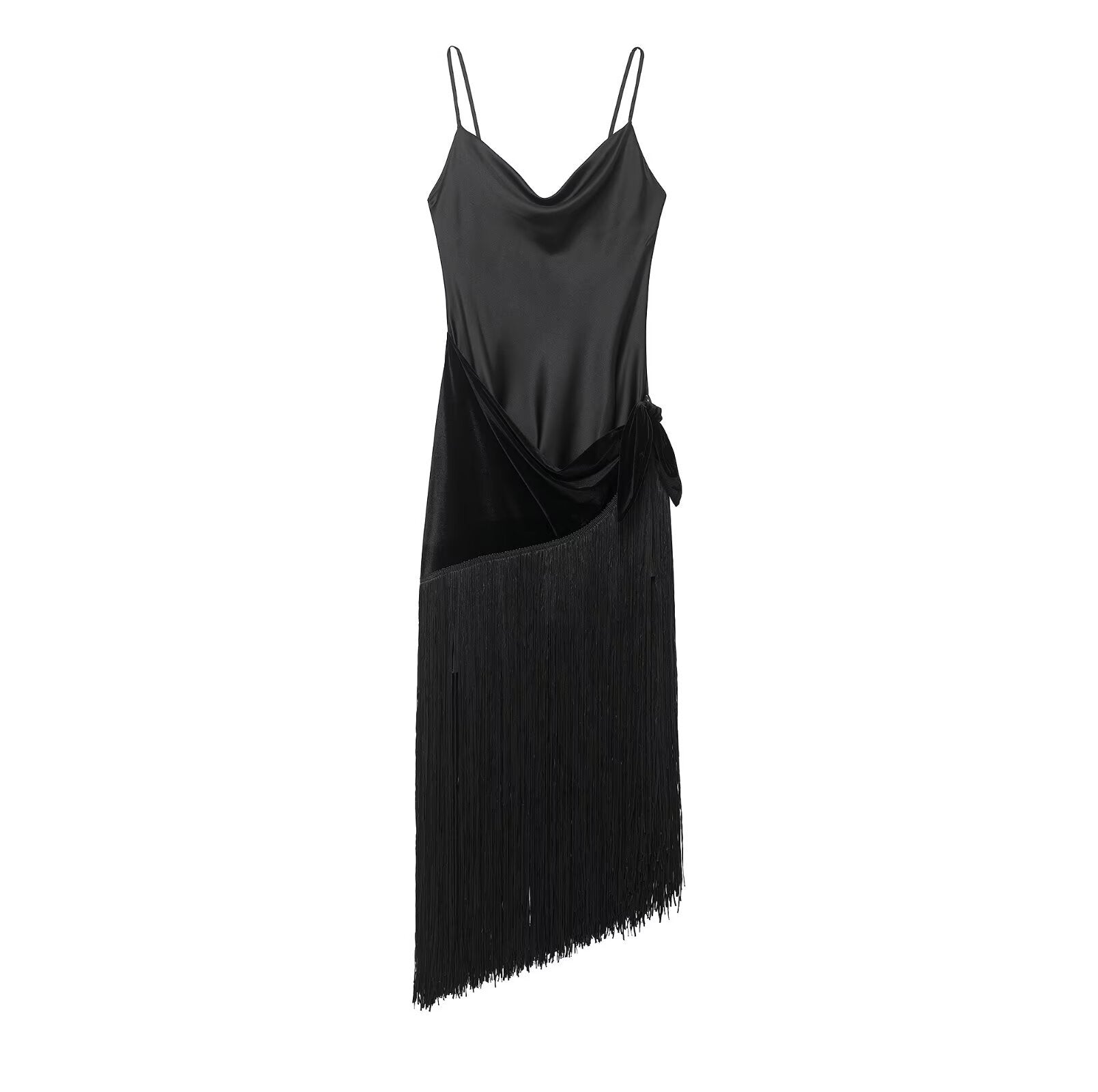 Women's avant-garde Broadway midi dress with draped satin top and asymmetric velvet fringe skirt.