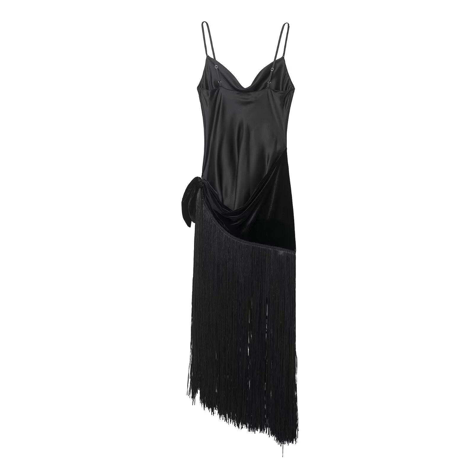 Women's avant-garde Broadway midi dress with draped satin top and asymmetric velvet fringe skirt. — view 2