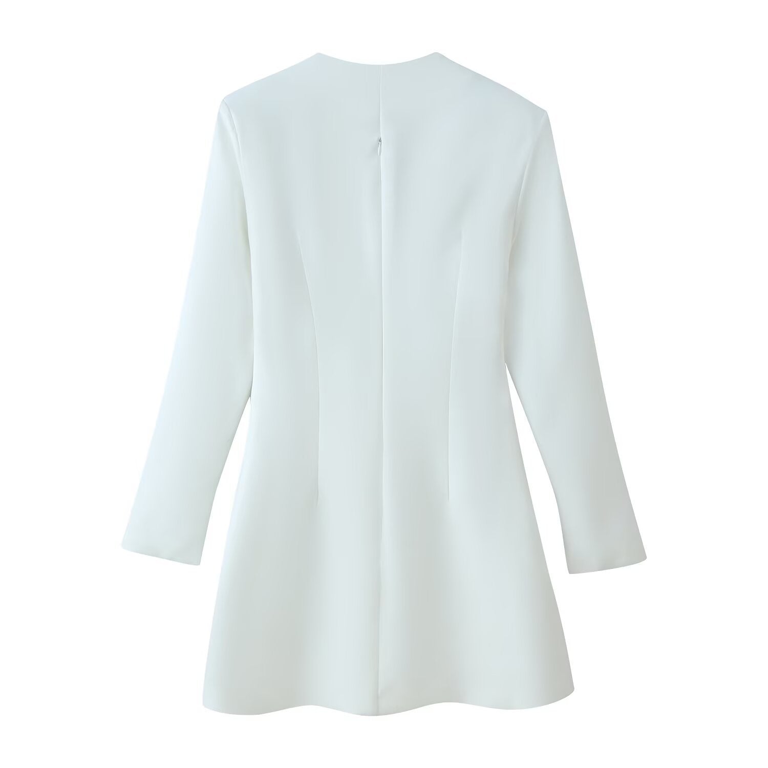 Women's sleek tailored mini blazer dress with mandarin collar and covered buttons in premium fabric — view 2