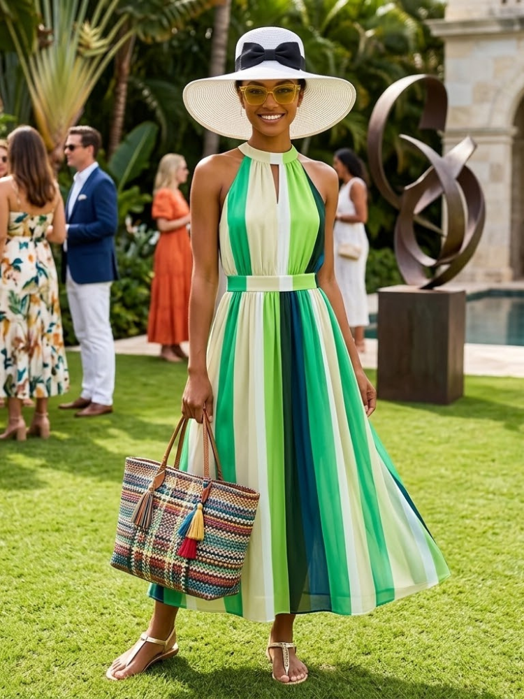 Women's green striped halter midi dress featuring a pleated skirt and elegant front keyhole detail