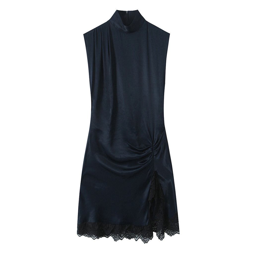 Midnight navy satin midi dress with a high-neck collar, side ruching, and a lace-trimmed hem