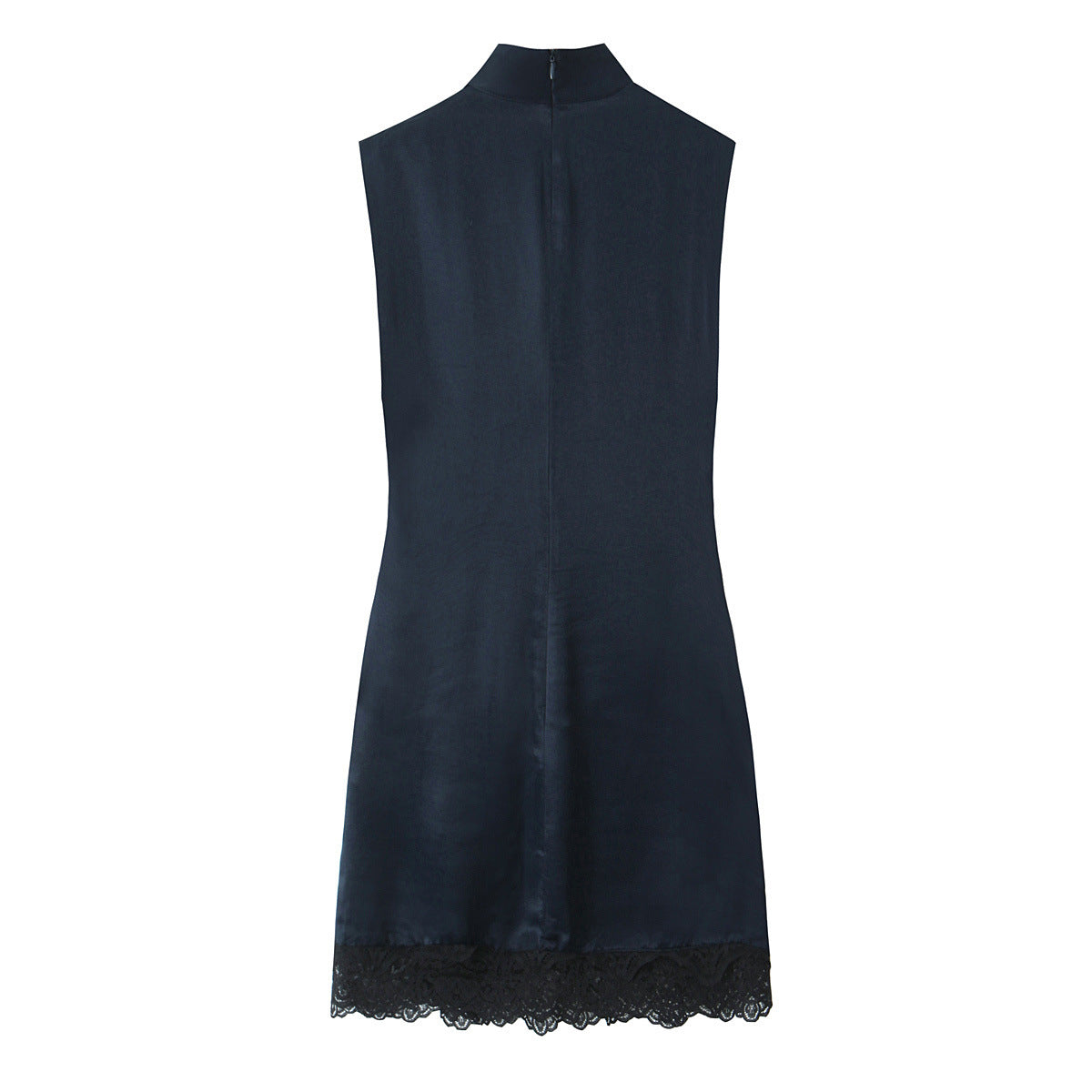 Midnight navy satin midi dress with a high-neck collar, side ruching, and a lace-trimmed hem — view 2