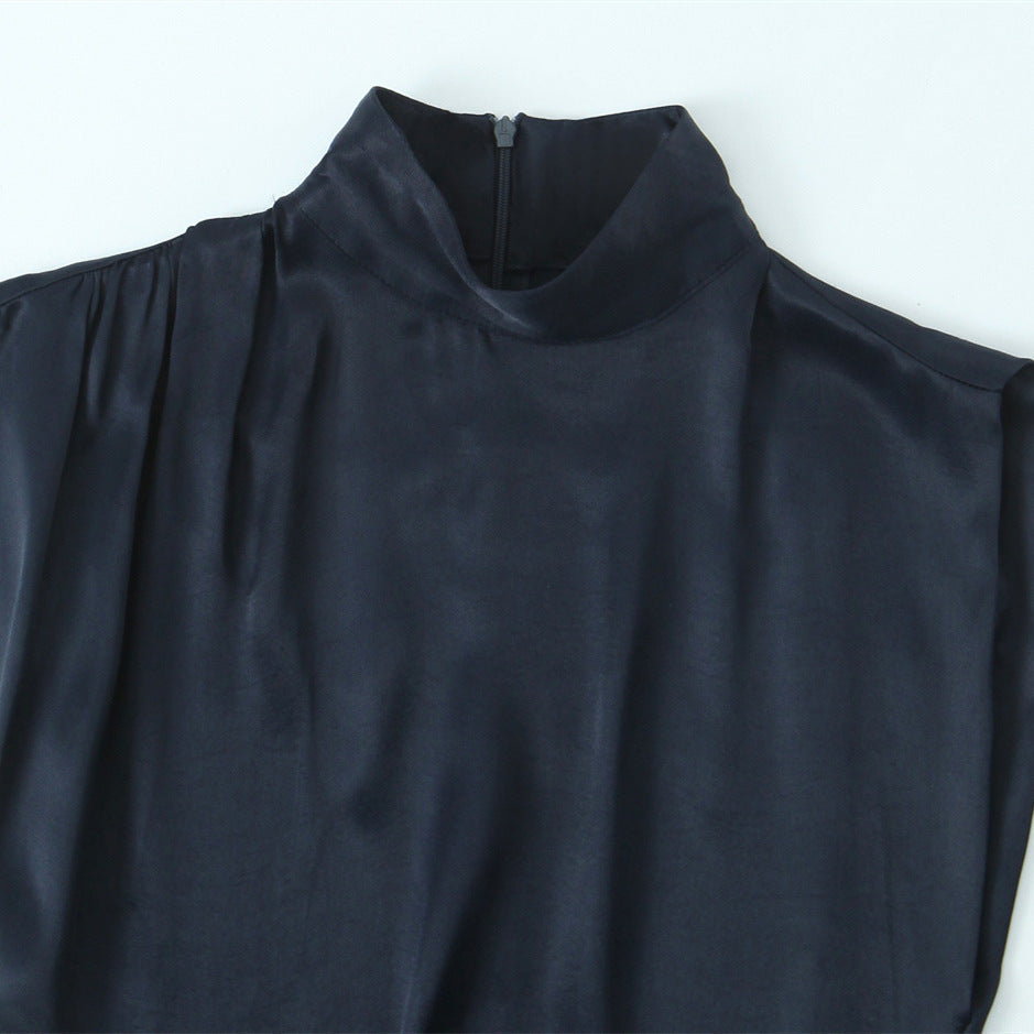 Midnight navy satin midi dress with a high-neck collar, side ruching, and a lace-trimmed hem — view 3