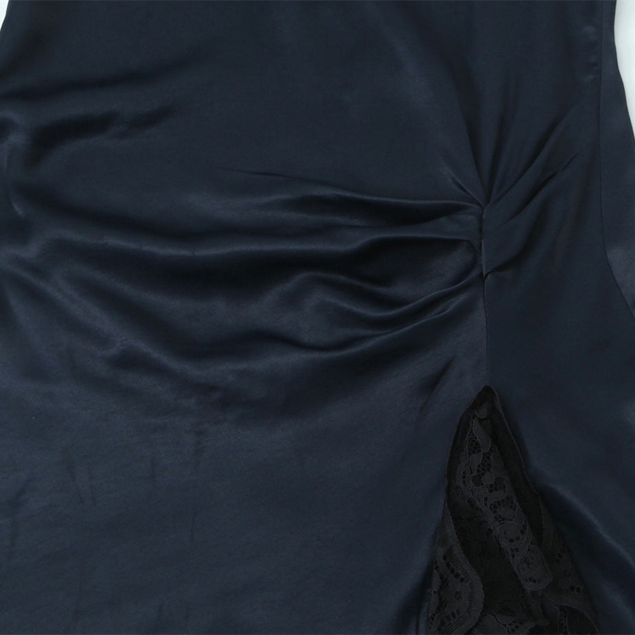 Midnight navy satin midi dress with a high-neck collar, side ruching, and a lace-trimmed hem — view 4