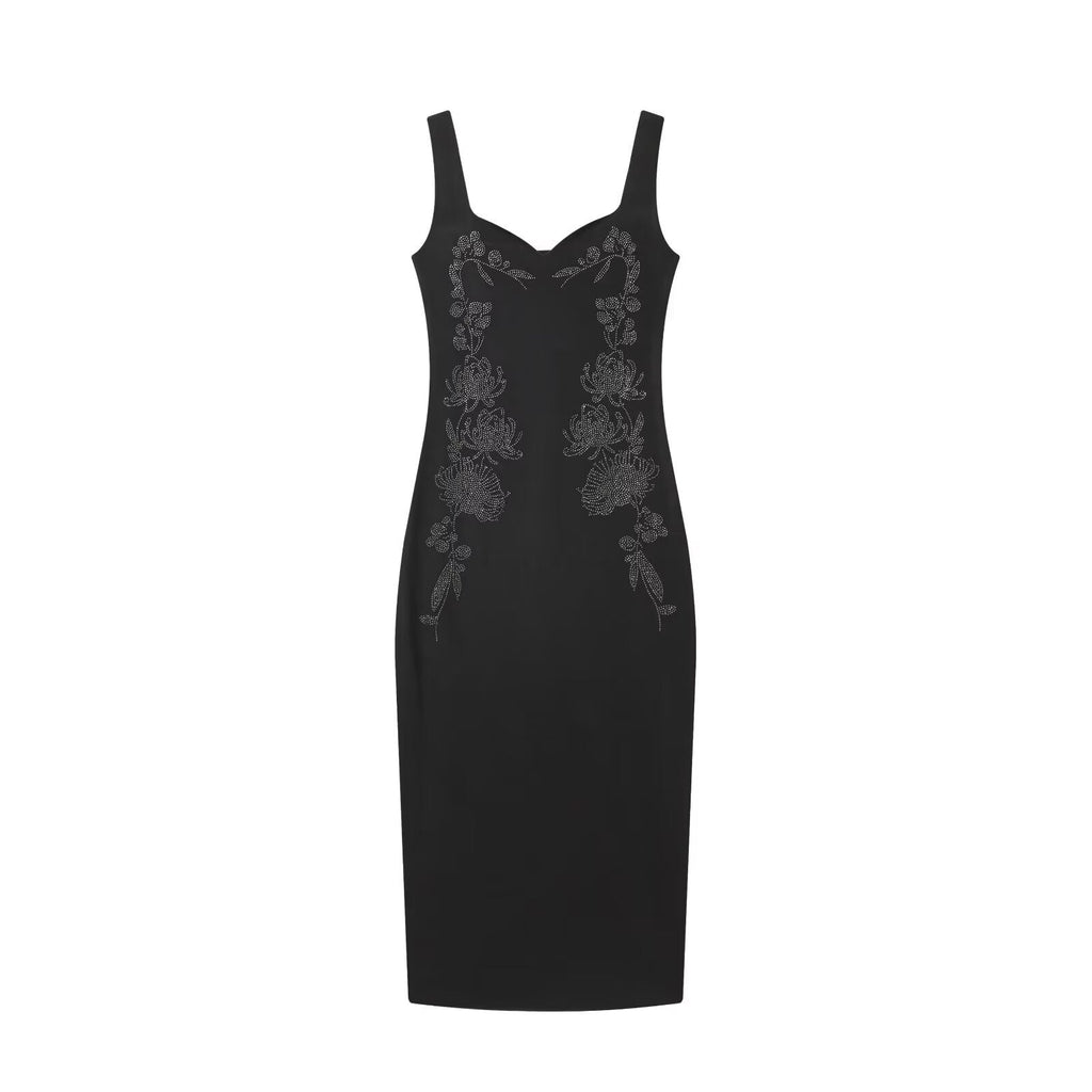 Women's Stardust bodycon dress featuring intricate rhinestone constellations and a structured tailored bust