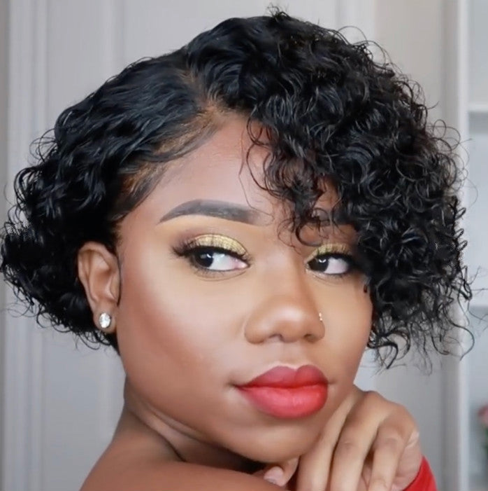 Women's short curly wig in black synthetic hair featuring a chic oblique bang design — view 4