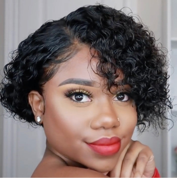Women's short curly wig in black synthetic hair featuring a chic oblique bang design — view 5
