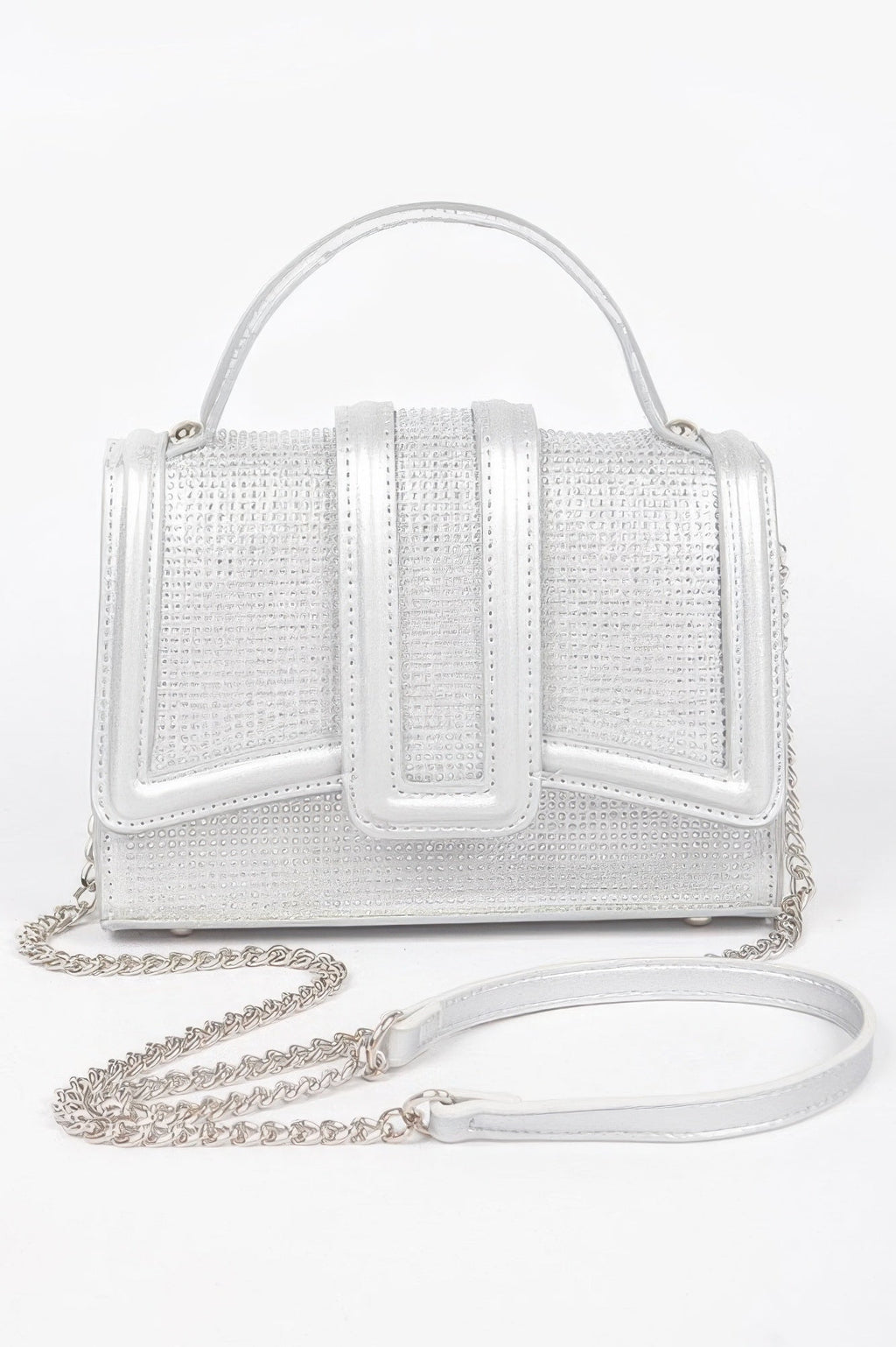 Black structured top handle clutch bag with sparkling clear embellishments and metal hardware