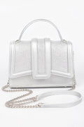 Black structured top handle clutch bag with sparkling clear embellishments and metal hardware