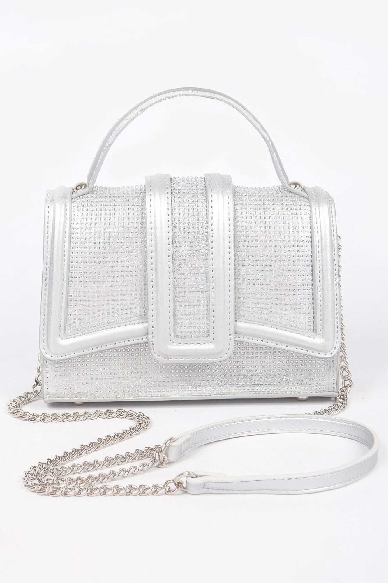 Black structured top handle clutch bag with sparkling clear embellishments and metal hardware
