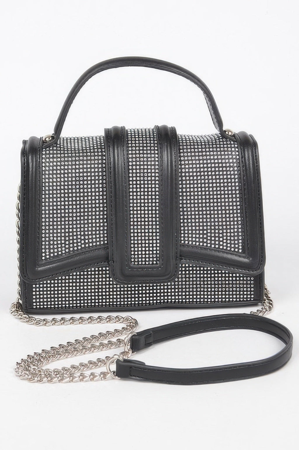 Black structured top handle clutch bag with sparkling clear embellishments and metal hardware — view 2