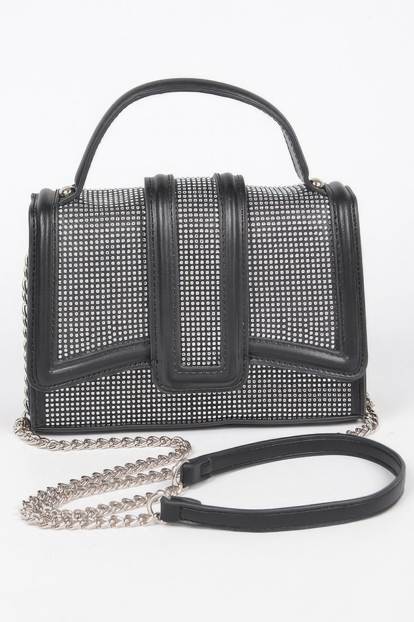 Black structured top handle clutch bag with sparkling clear embellishments and metal hardware — view 2