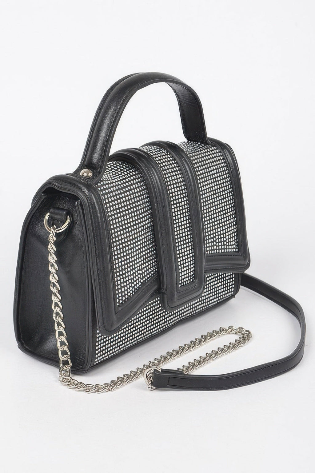 Black structured top handle clutch bag with sparkling clear embellishments and metal hardware — view 3