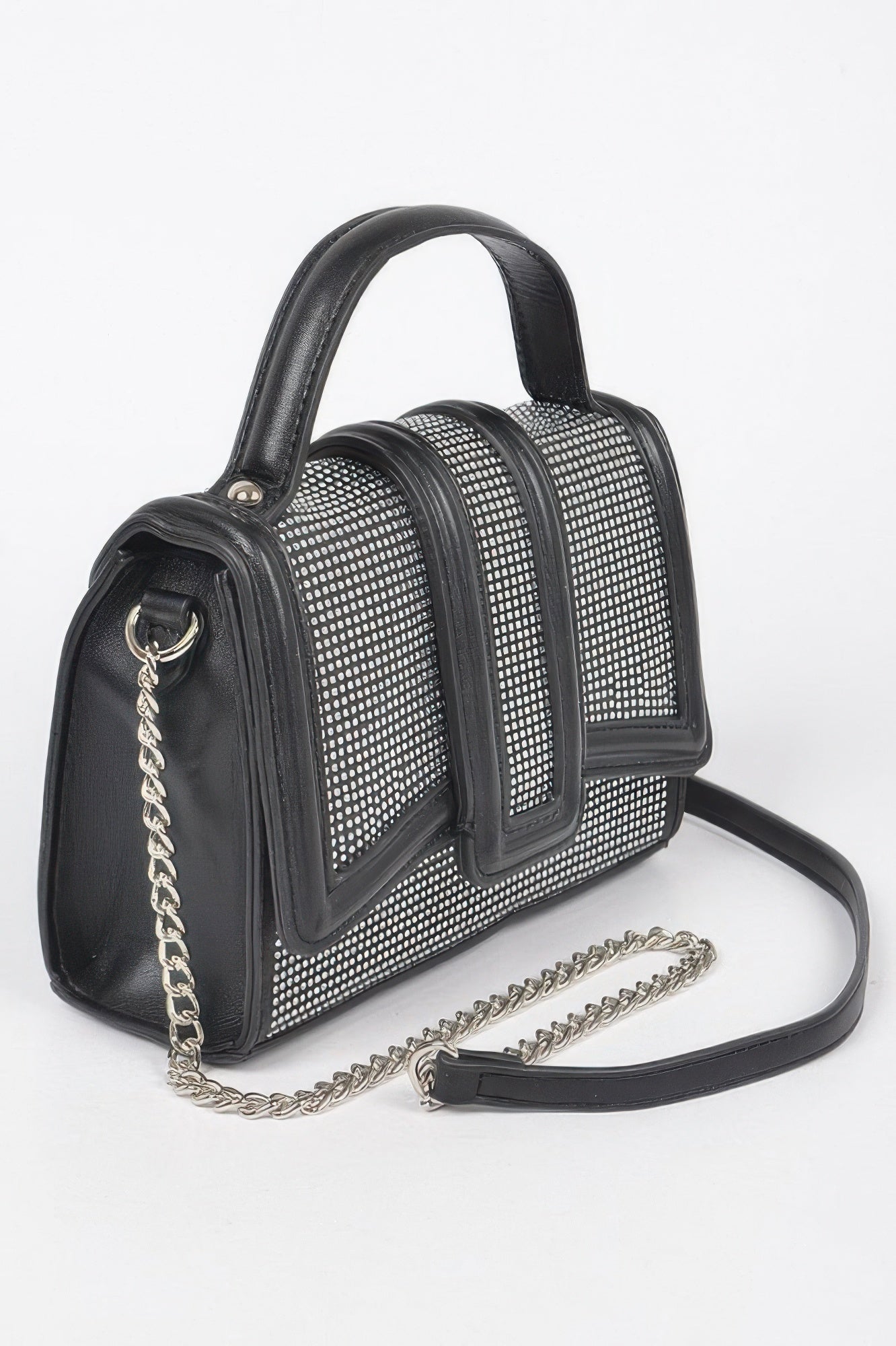 Black structured top handle clutch bag with sparkling clear embellishments and metal hardware — view 3