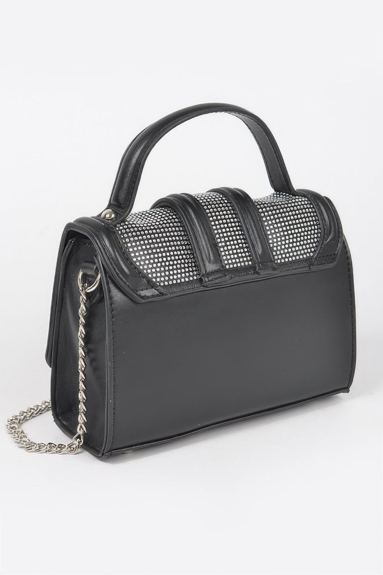 Black structured top handle clutch bag with sparkling clear embellishments and metal hardware — view 4