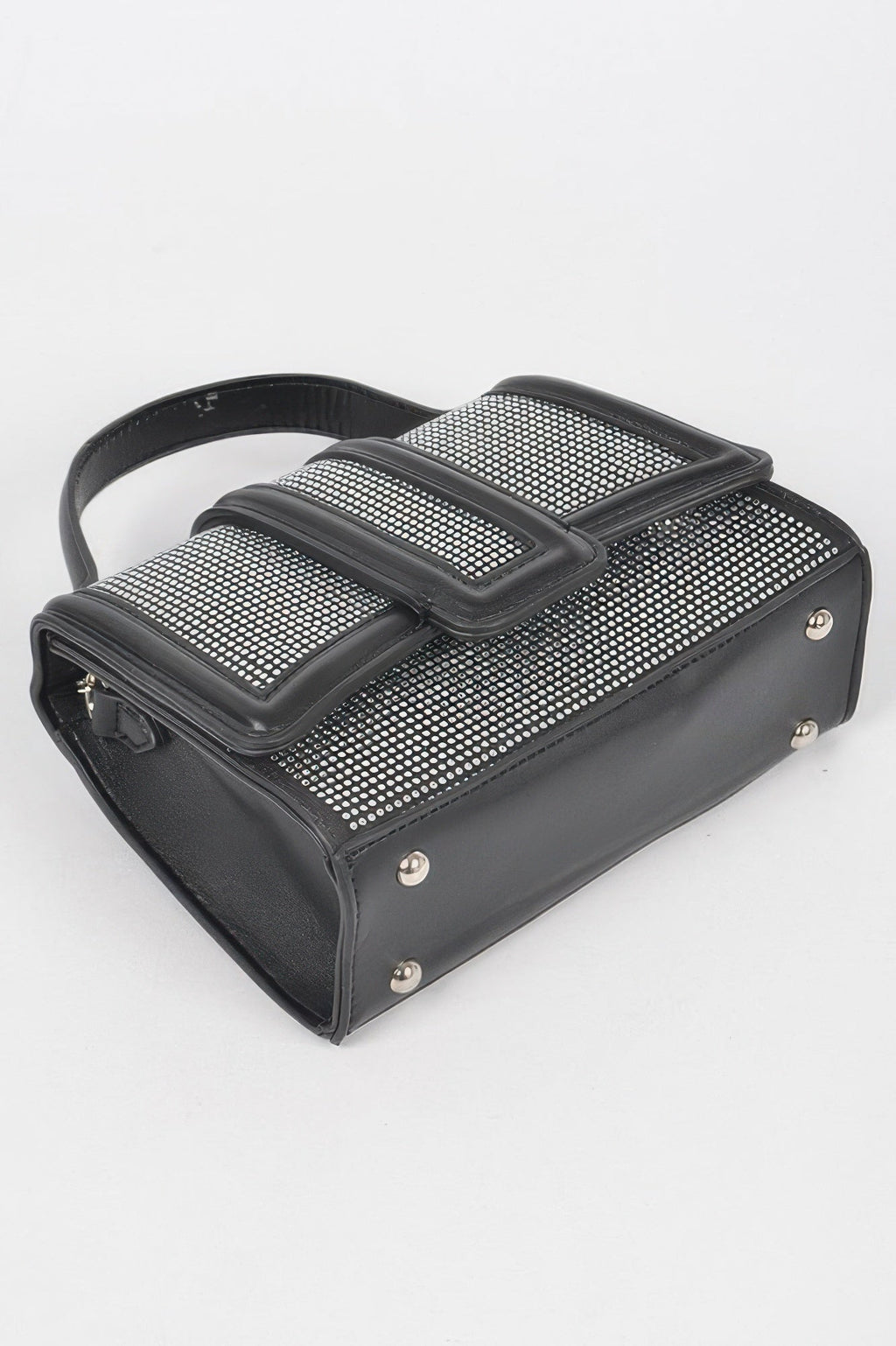Black structured top handle clutch bag with sparkling clear embellishments and metal hardware — view 5