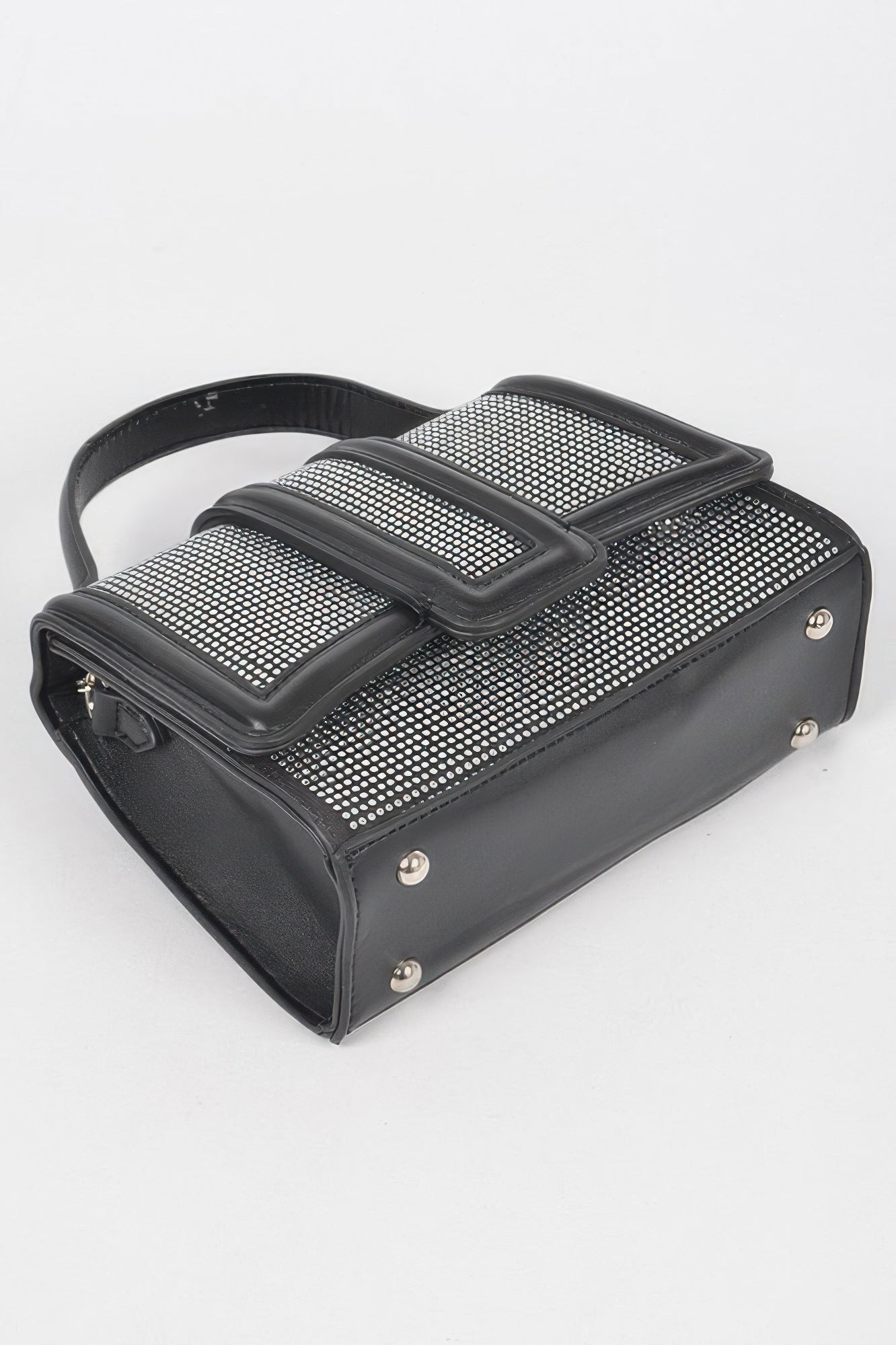 Black structured top handle clutch bag with sparkling clear embellishments and metal hardware — view 5